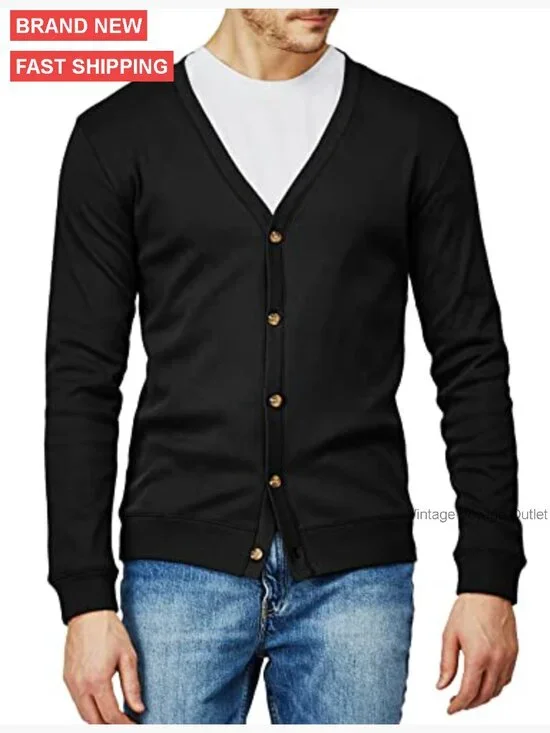 Men's Slim Fit V-Neck Cardigan, Cotton Blend, Long Sleeve Button Down - Picture 2 of 7